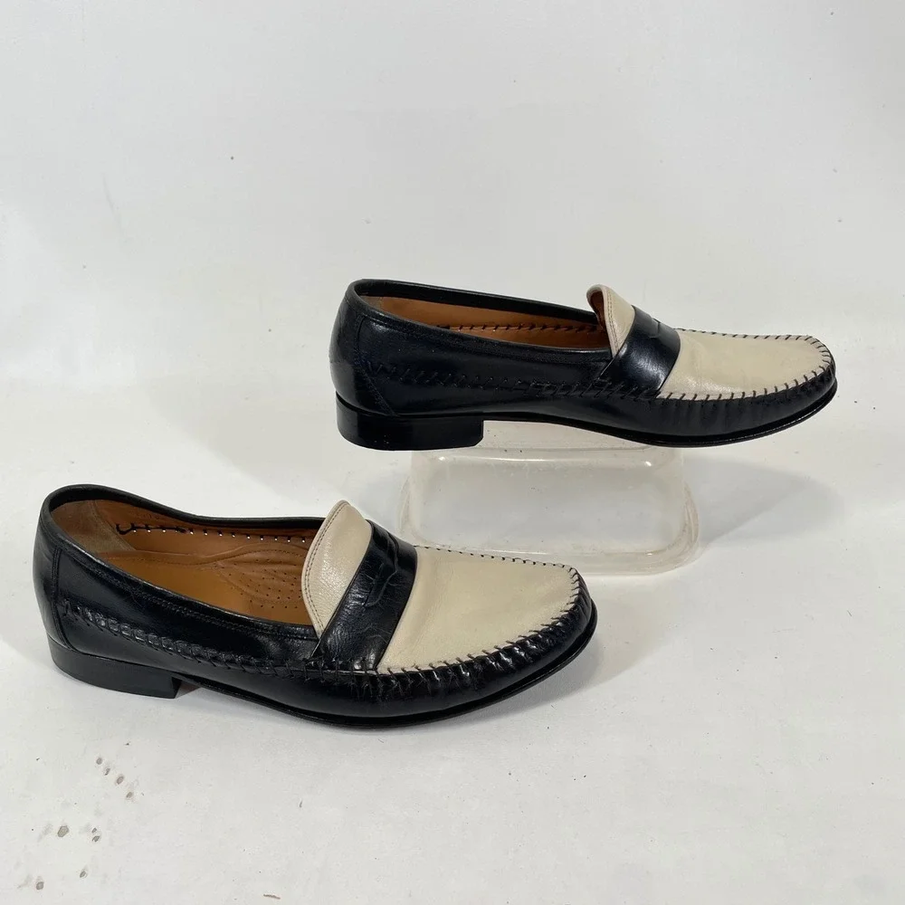 Florsheim Mens Two Tone Penny Loafers Black Cream Leather Whipstitch 10.5 EEE